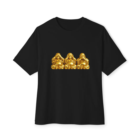Three Golden Laughing Buddhas T-Shirt | Golden Harmony Graphic Tee