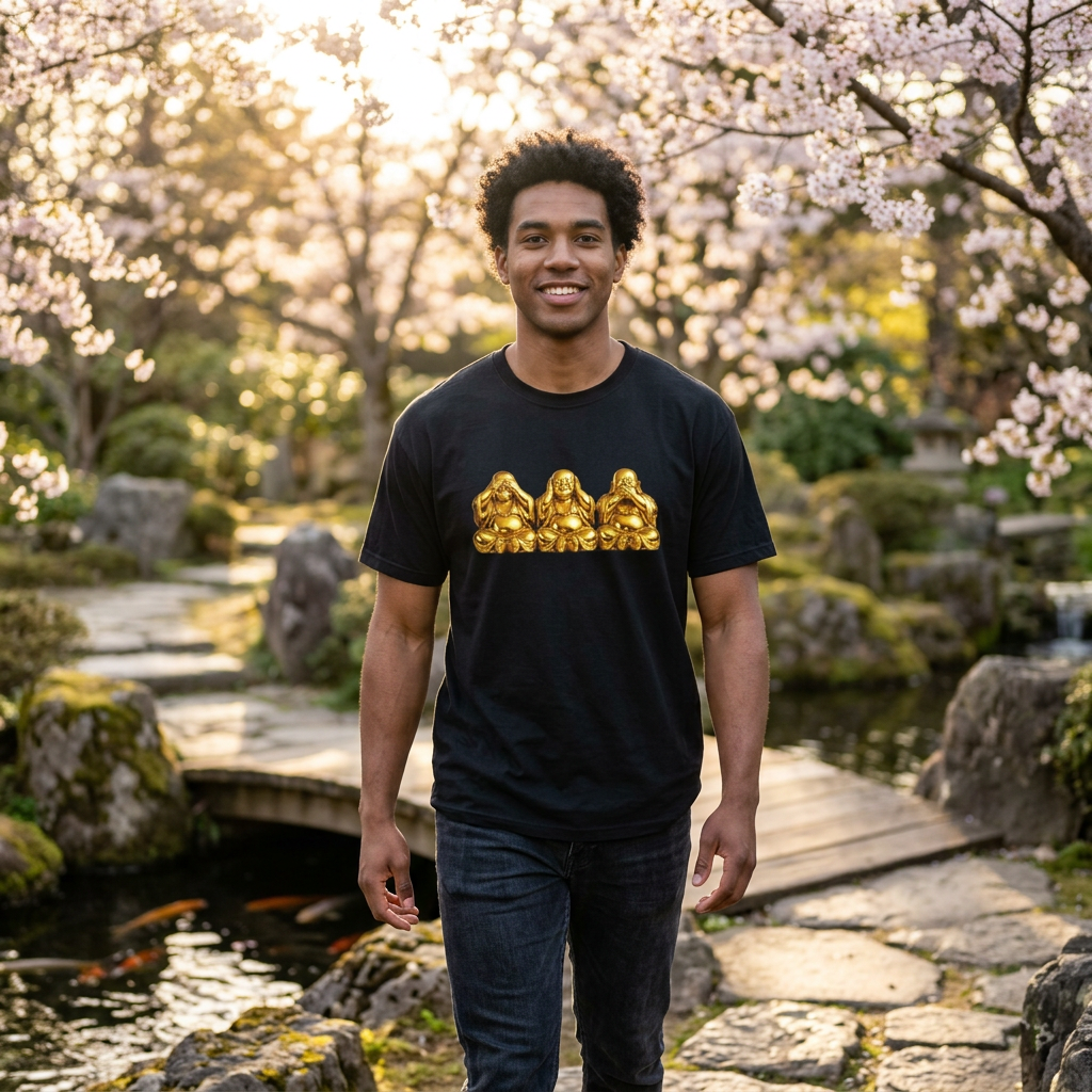 Three Golden Laughing Buddhas T-Shirt | See No Evil Graphic Tee