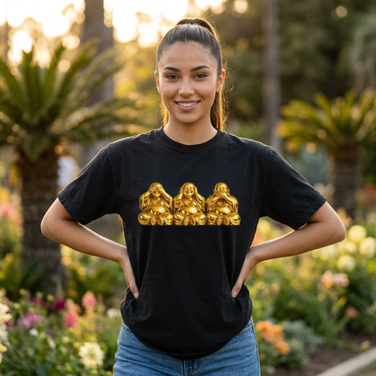 Three Golden Laughing Buddhas T-Shirt | See No Evil Graphic Tee