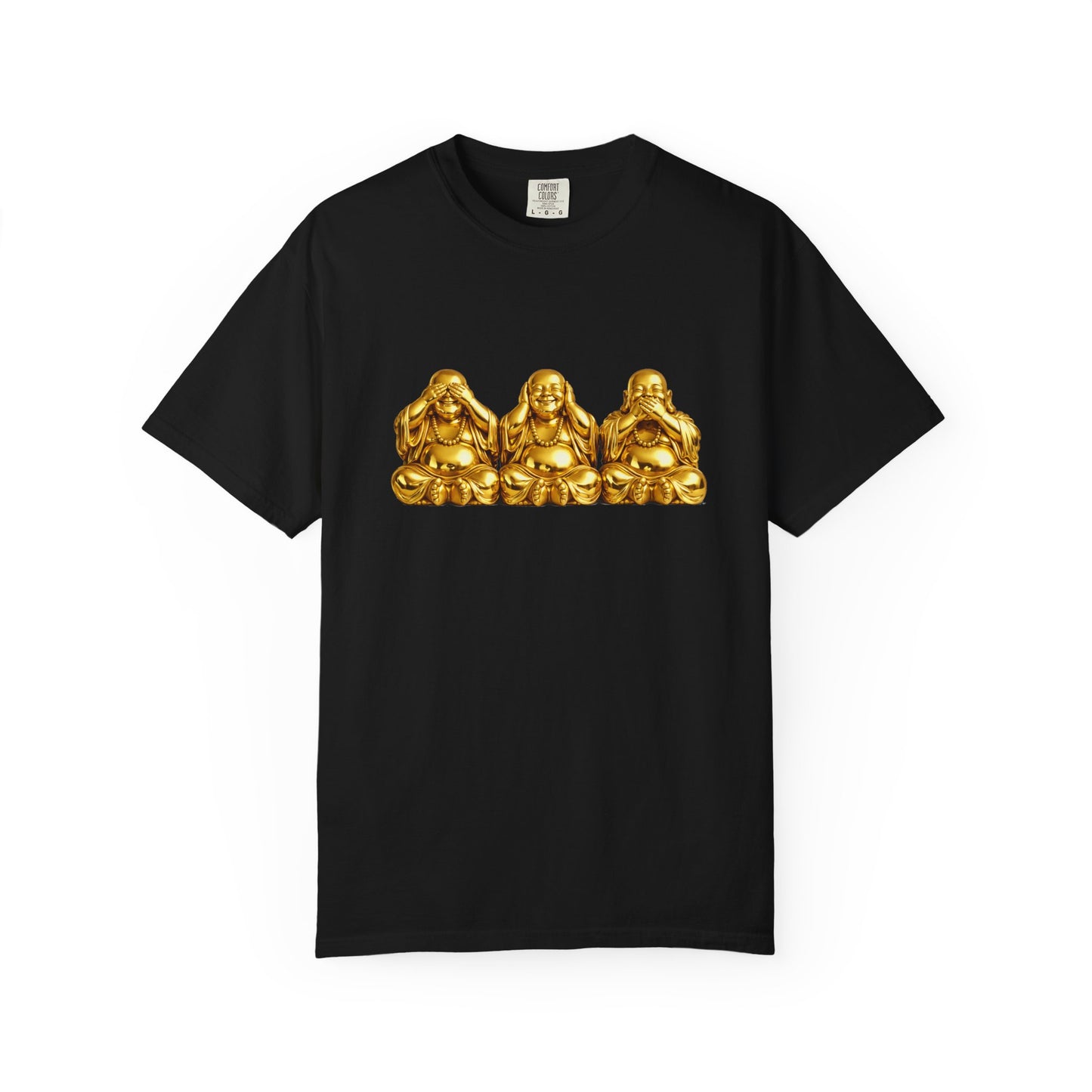 Three Golden Laughing Buddhas T-Shirt | See No Evil Graphic Tee