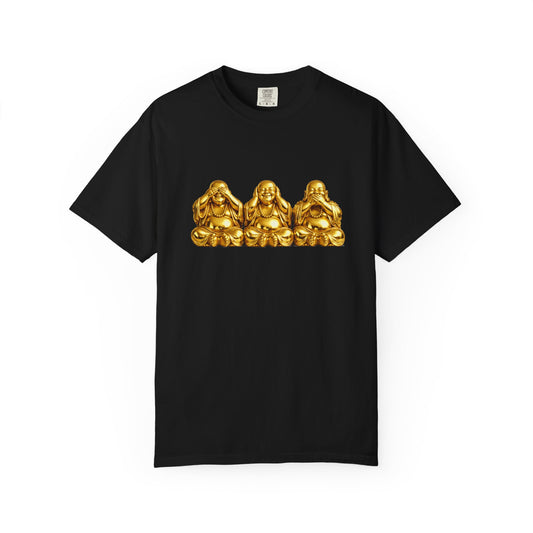 Three Golden Laughing Buddhas T-Shirt | See No Evil Graphic Tee