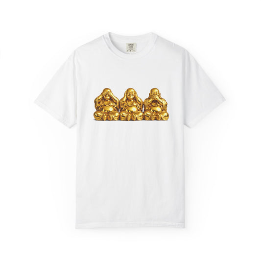Three Golden Laughing Buddhas T-Shirt | See No Evil Graphic Tee