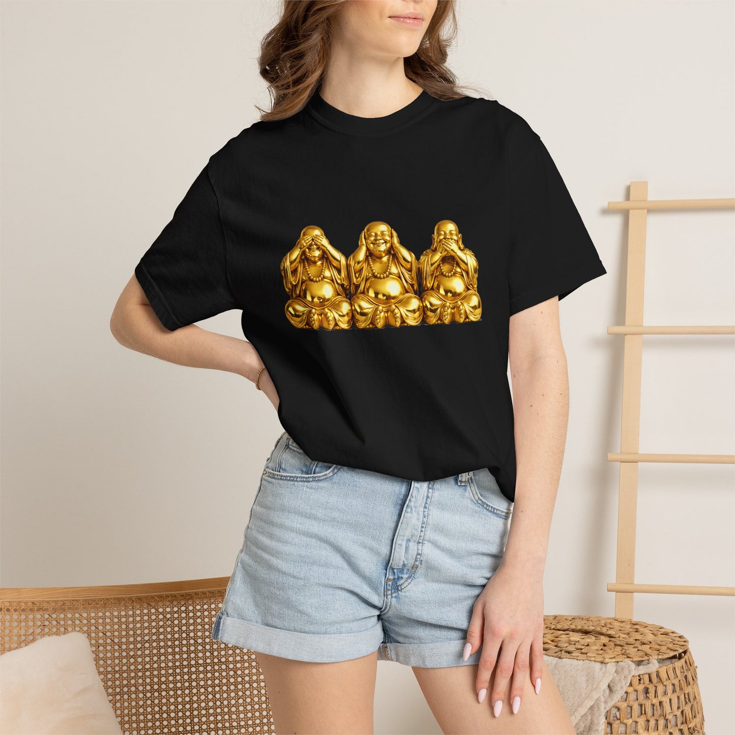 Three Golden Laughing Buddhas T-Shirt | See No Evil Graphic Tee