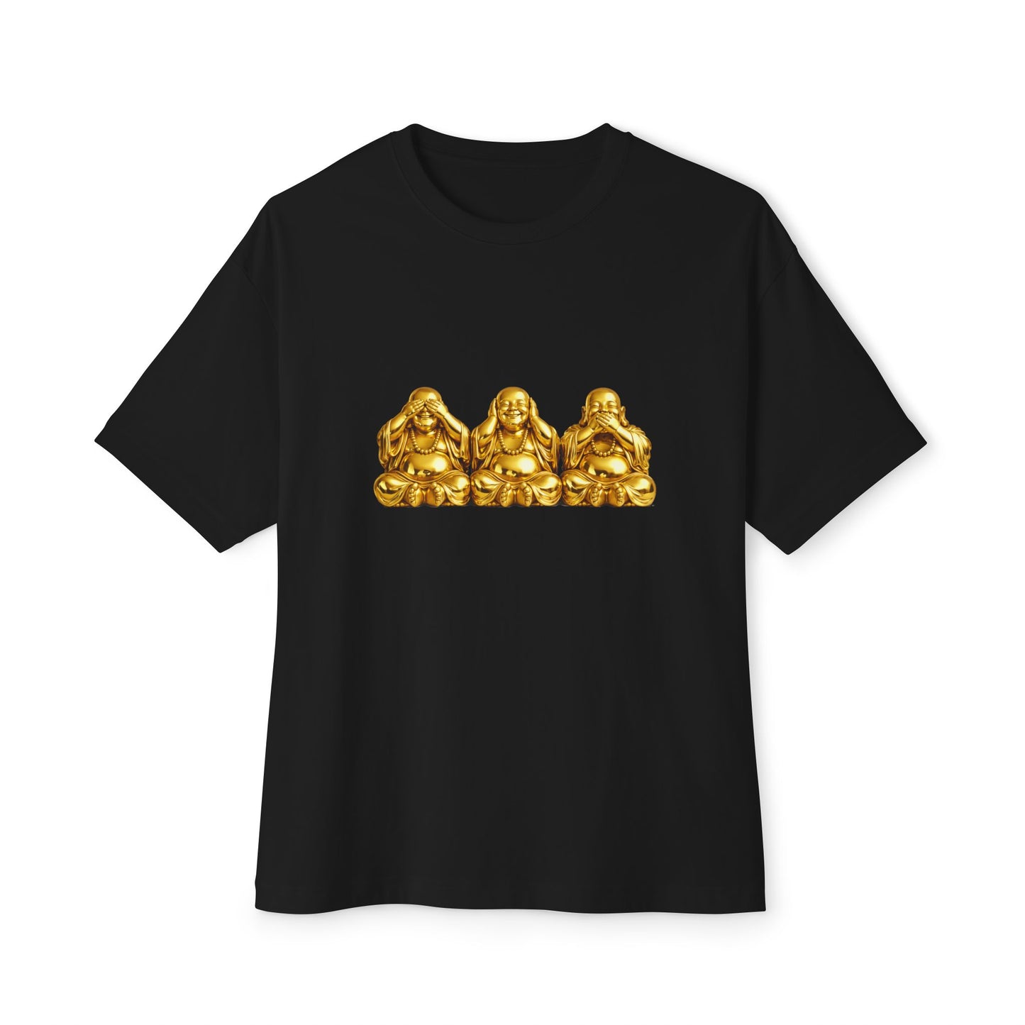 Three Golden Laughing Buddhas T-Shirt | Golden Harmony Graphic Tee