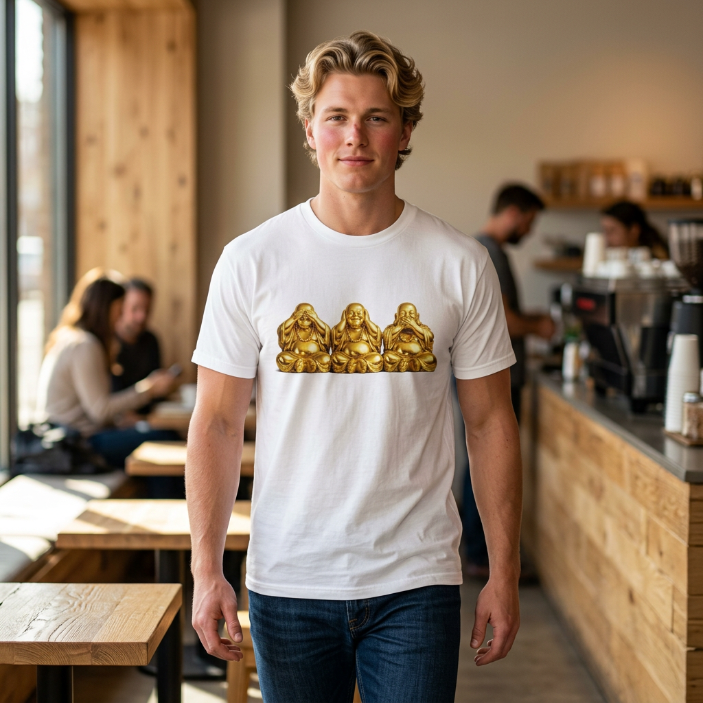 Three Golden Laughing Buddhas T-Shirt | See No Evil Graphic Tee