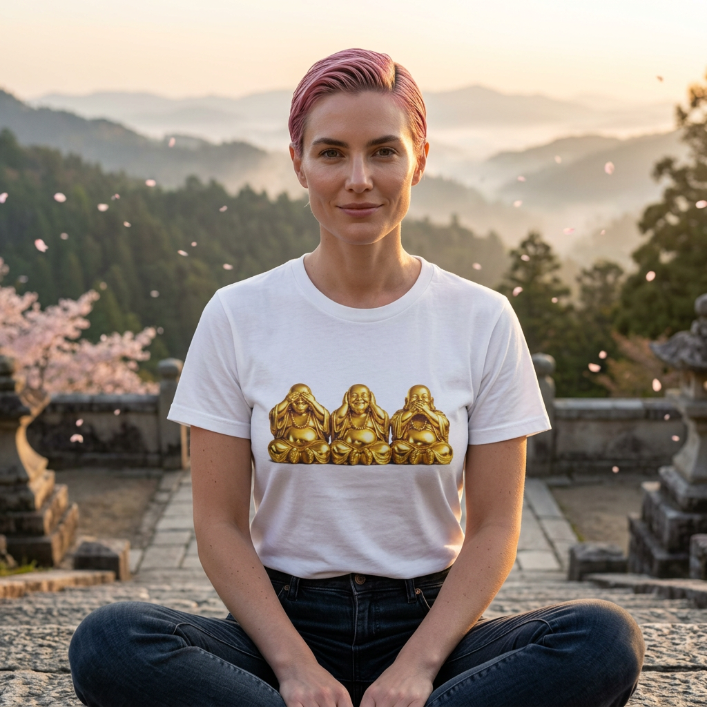 Three Golden Laughing Buddhas T-Shirt | See No Evil Graphic Tee