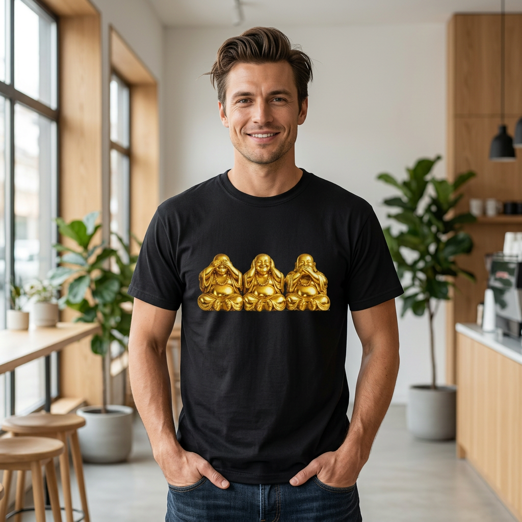 Three Golden Laughing Buddhas T-Shirt | See No Evil Graphic Tee