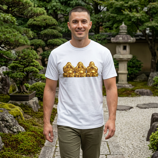 Three Golden Laughing Buddhas T-Shirt | See No Evil Graphic Tee