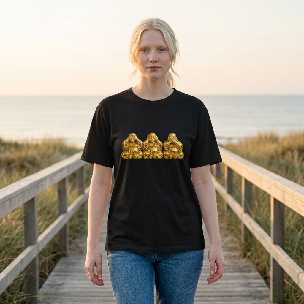 Three Golden Laughing Buddhas T-Shirt | Golden Harmony Graphic Tee