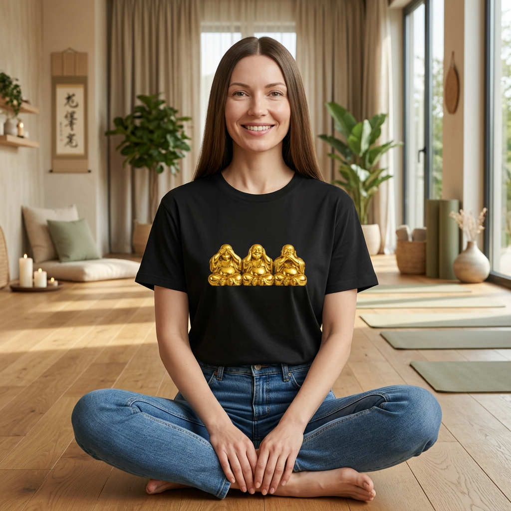 Three Golden Laughing Buddhas T-Shirt | Golden Harmony Graphic Tee