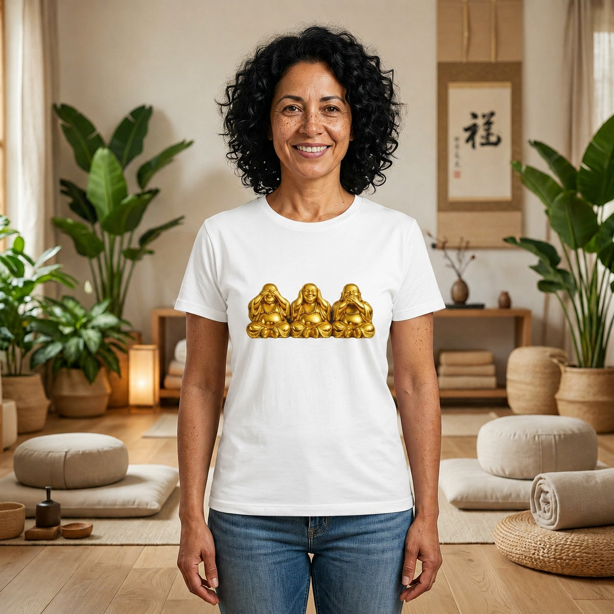 Three Golden Laughing Buddhas T-Shirt | Golden Harmony Graphic Tee