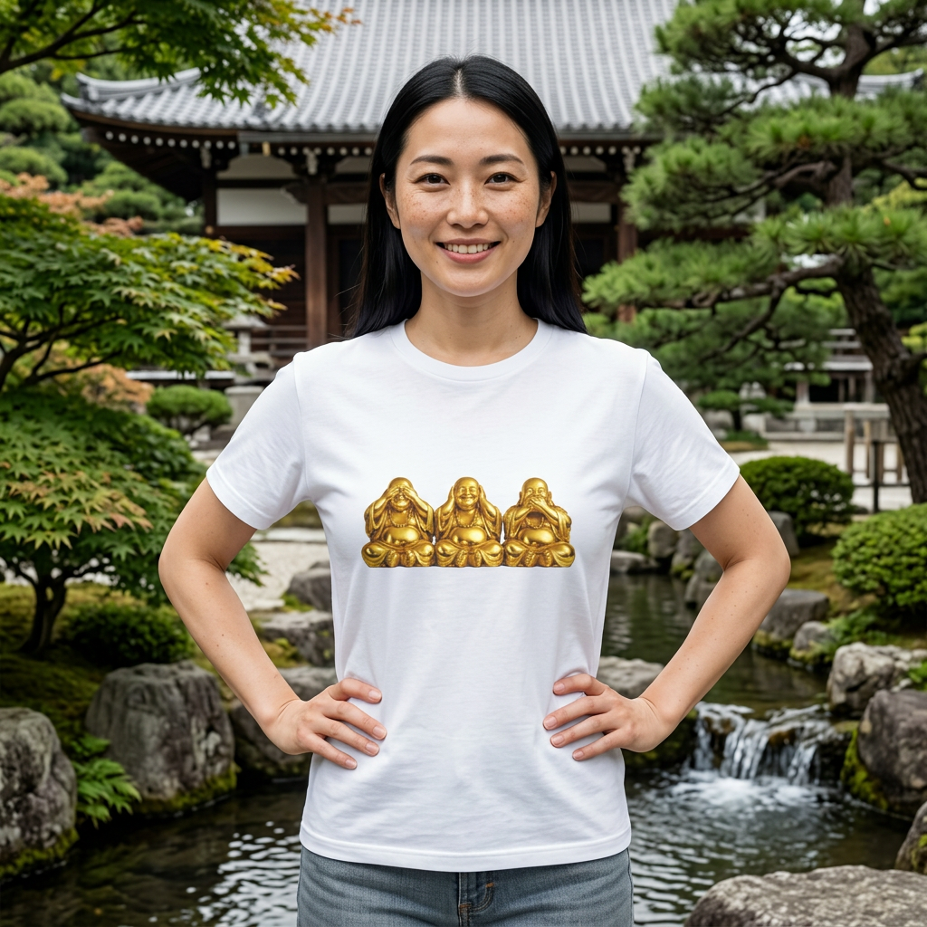Three Golden Laughing Buddhas T-Shirt | Golden Harmony Graphic Tee
