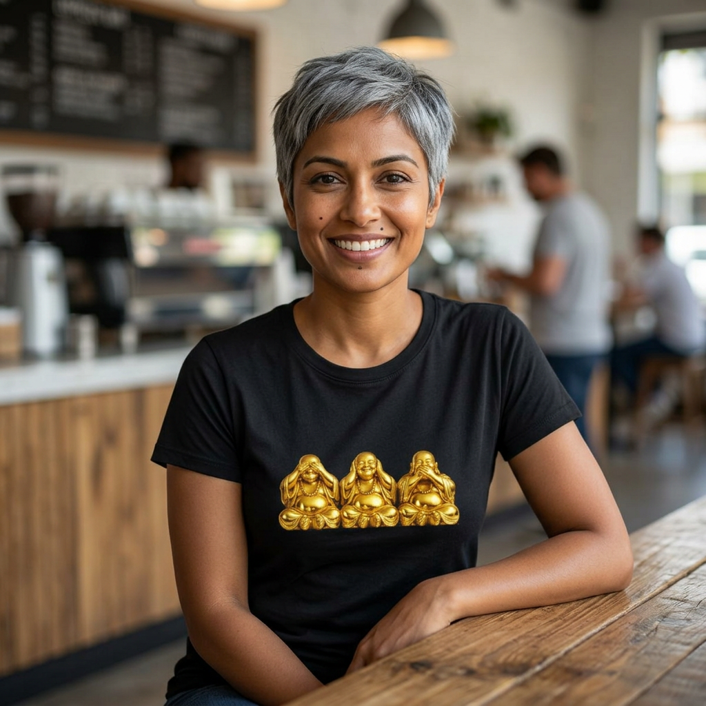 Three Golden Laughing Buddhas T-Shirt | Golden Harmony Graphic Tee