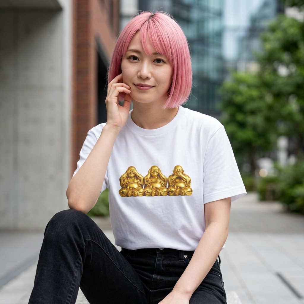 Three Golden Laughing Buddhas T-Shirt | Golden Harmony Graphic Tee